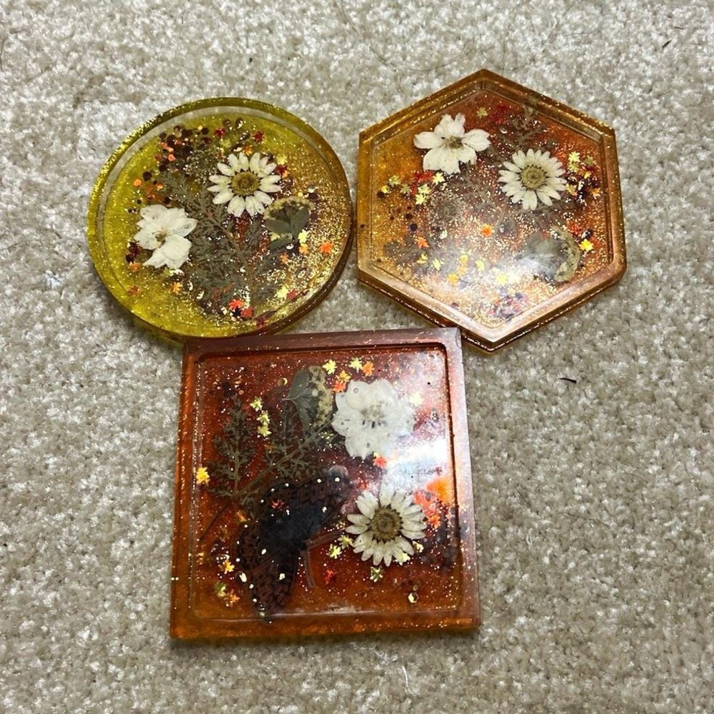 3pc Floral Amber & Gold Resin Coaster/Trinket Dish Set - Approx 4"x4" Max